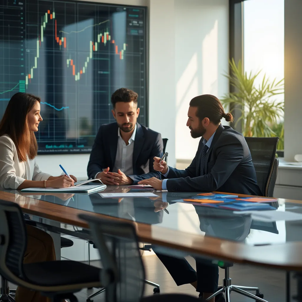 Founders of FinCoach discussing financial strategies in a bright, modern office setting